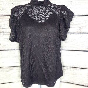 Perseption Concept Women’s Medium Black Sheer Lace Short Sleeve Mock Neck Top
